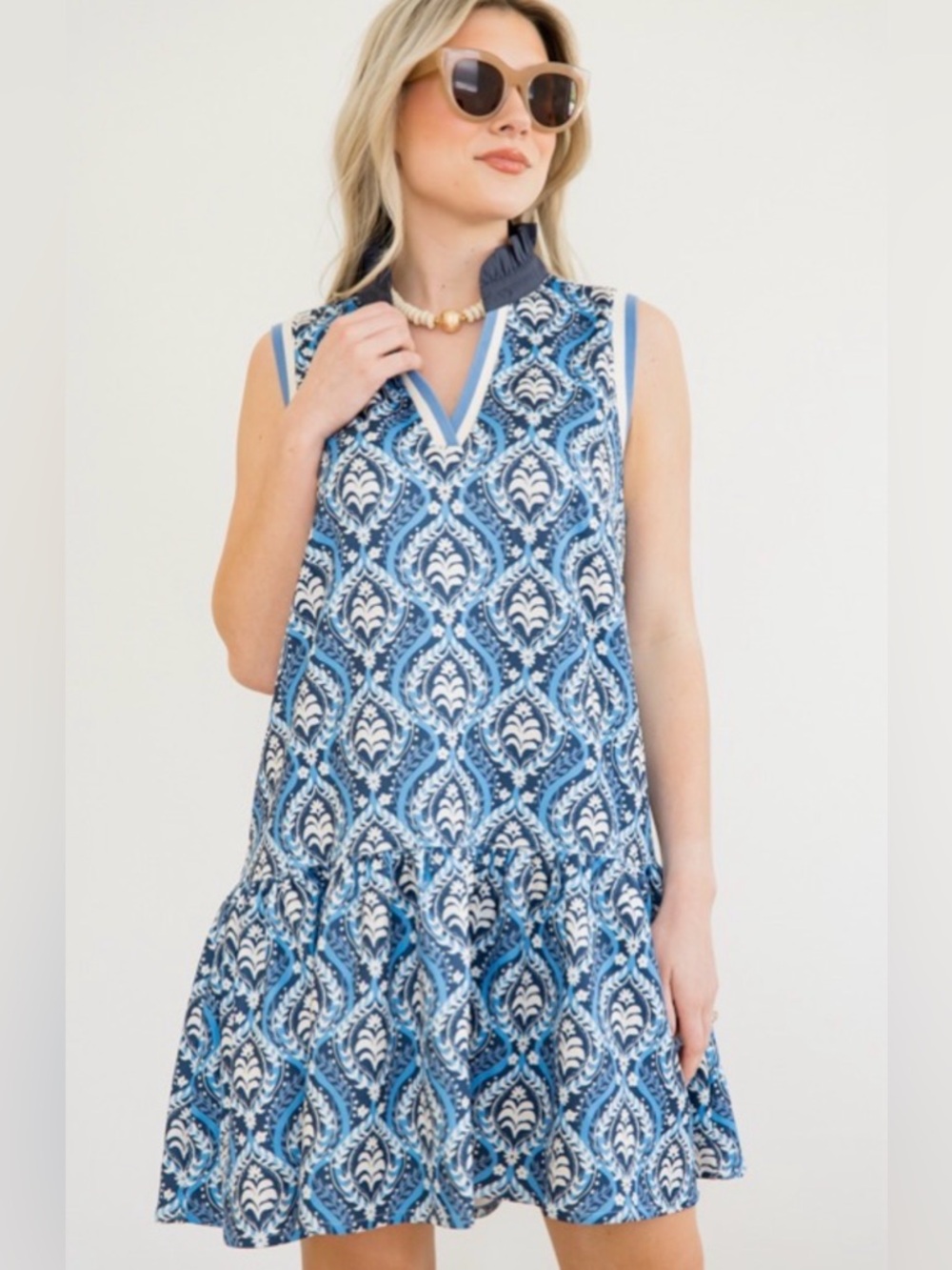 Umgee Blue and White Sleeveless Printed V-Neck Dress
